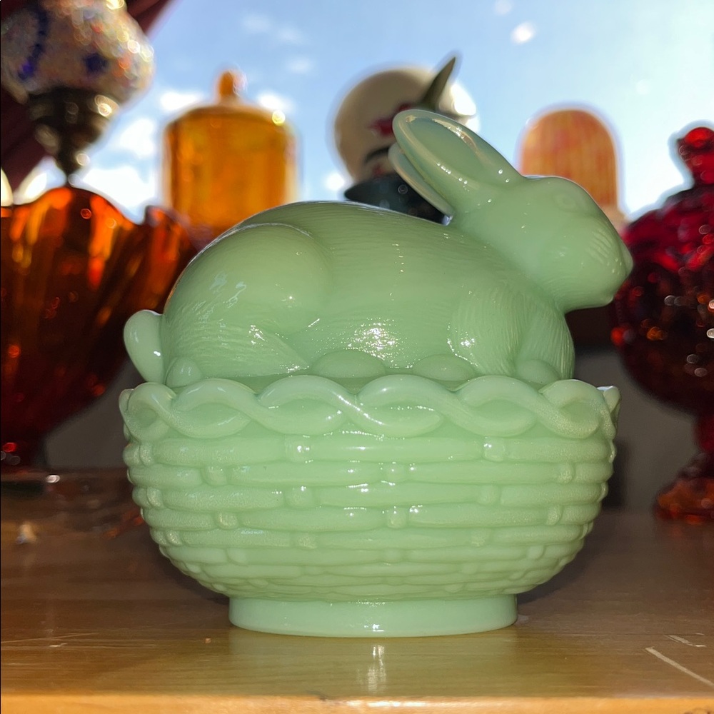 Mosser Jadeite bunny on basket nest 2 pc. Covered dish candy trinket